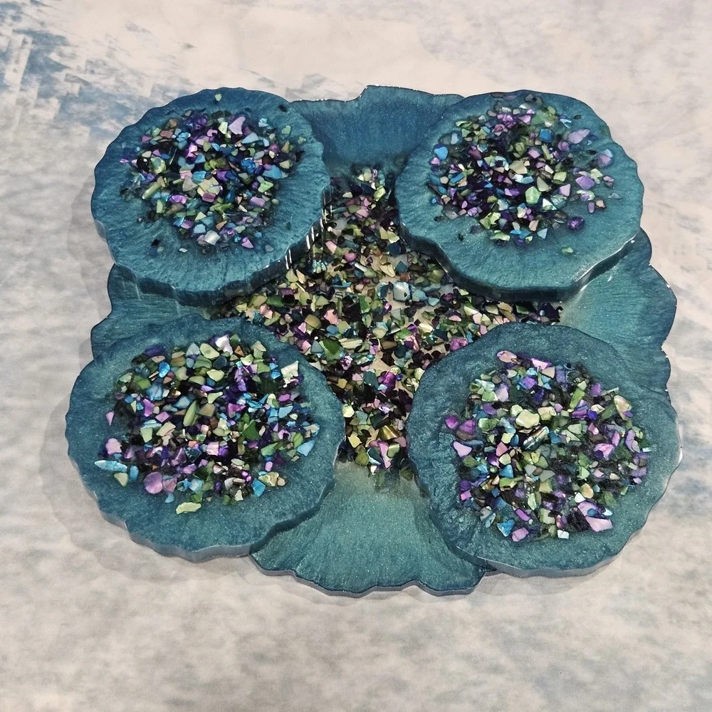 Handmade Teal Resin Coaster Set‎ Geode Style Iridescent Drink Coasters Set Of 5